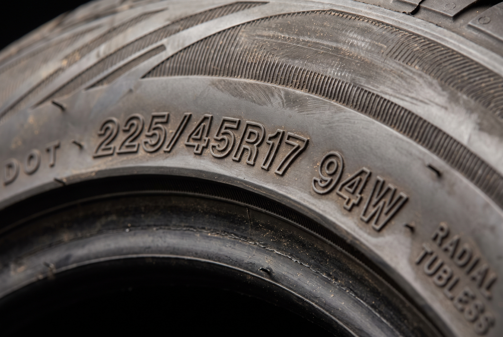 תקריב על דופן צמיג עם מידה מוטבעת 225/45R17 94W, קריא לגמרי