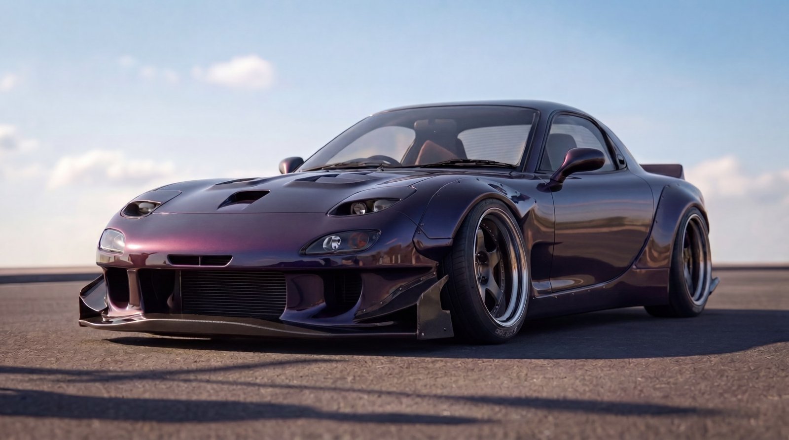 מאזדה RX-7 סגולה מונמכת במבט תלת-רבע קדמי, הגלגל הקדמי נוטה פנימה בקאמבר שלילי בולט